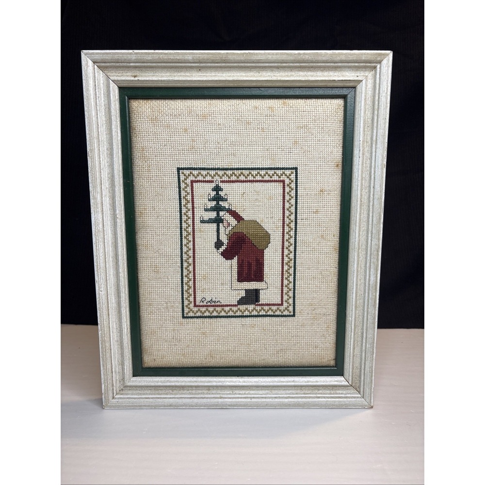 Handmade Christmas Santa Cross Stitch Framed Wall Art Picture 12.5x10 Robin
